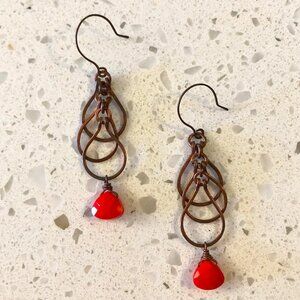 Handmade Copper Earrings with Vintage Red Glass Beads